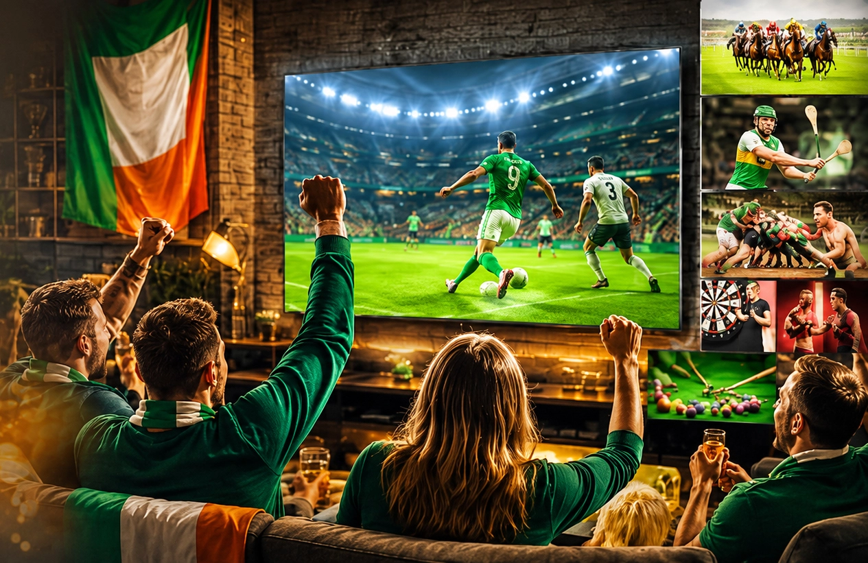 IPTV Ireland sports streaming on TV with Irish flag, football, rugby, hurling, horse racing, darts and snooker